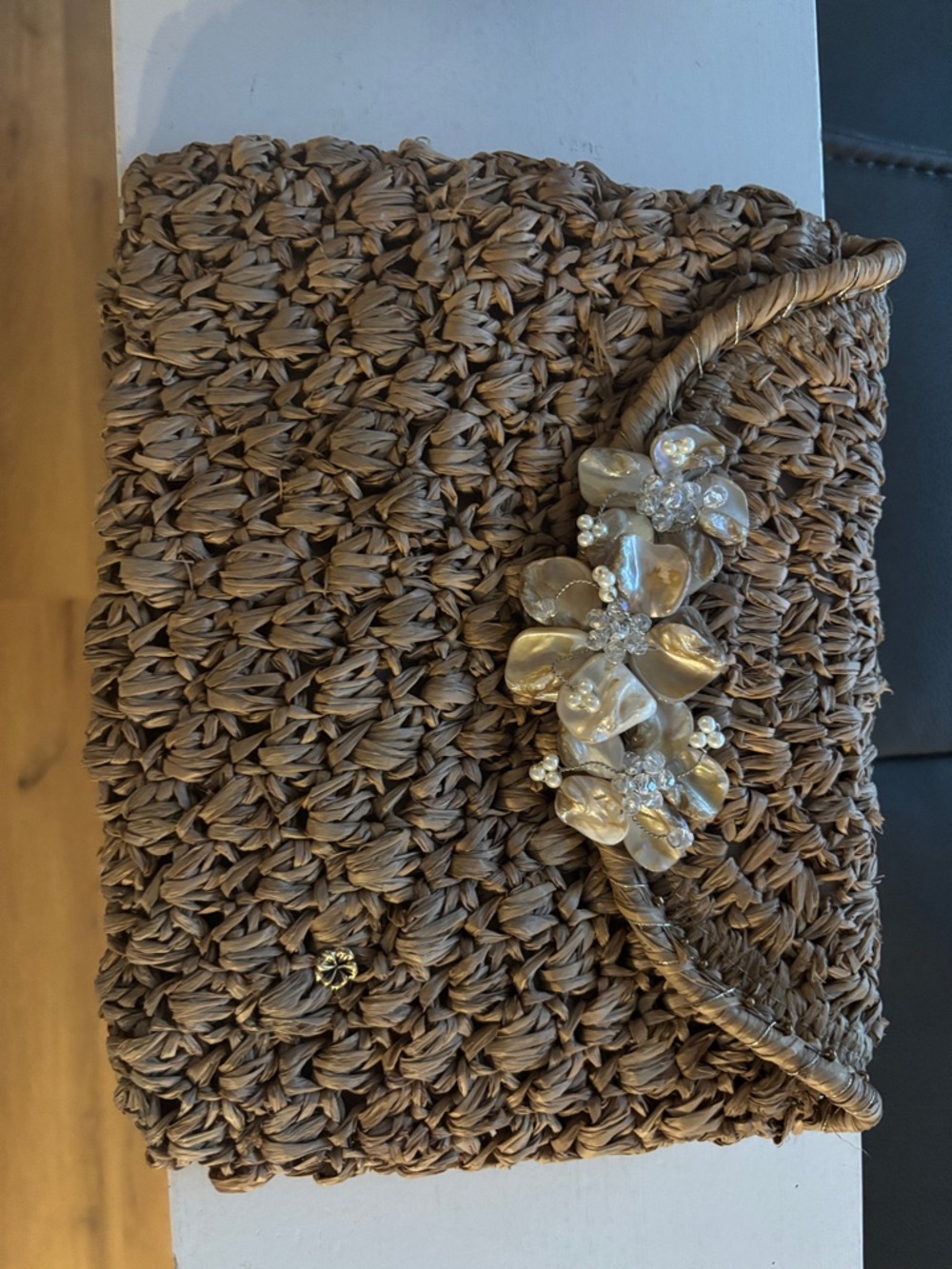 Tommy Bahama La Pax Lux Crochet Raffia Clutch Brown Woven Floral Accent Clutch